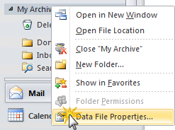 Outlook Data File context menu