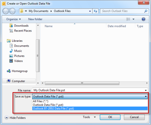Creating an ANSI pst-file in Outlook 2010 (click on image to enlarge)