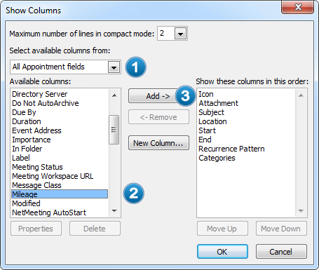 Mileage calculations from Tasks and Calendar