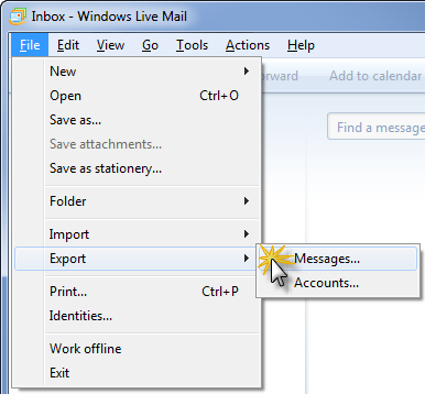 Export command in Windows Live Mail