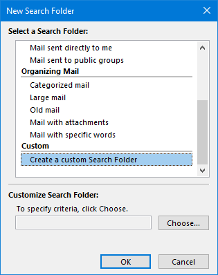 New Search Folder dialog - Create a custom Search Folder