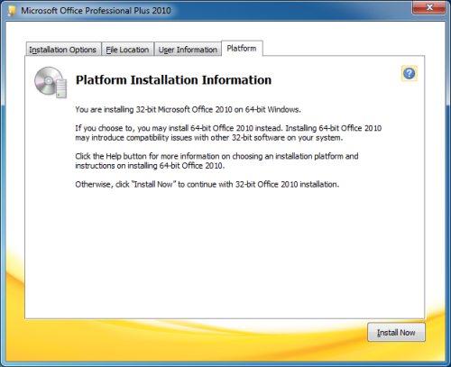 Installation Information about the availability of the 64-bit version of Office 2010 (click on image to enlarge)