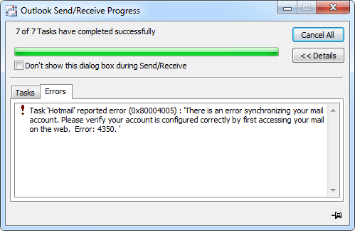 Sync error 4350 and 4202 with Outlook Hotmail Connector