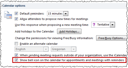 Show bell icon on the calendar for appointments and meetings with reminders (click on the image for full view of the Options dialog)
