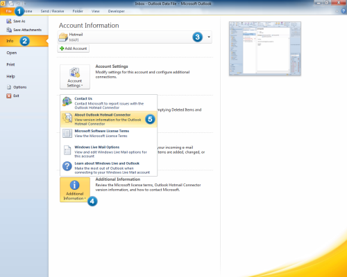 Looking up the Outlook Hotmail Connecter version in Outlook 2010 (click on image to enlarge)