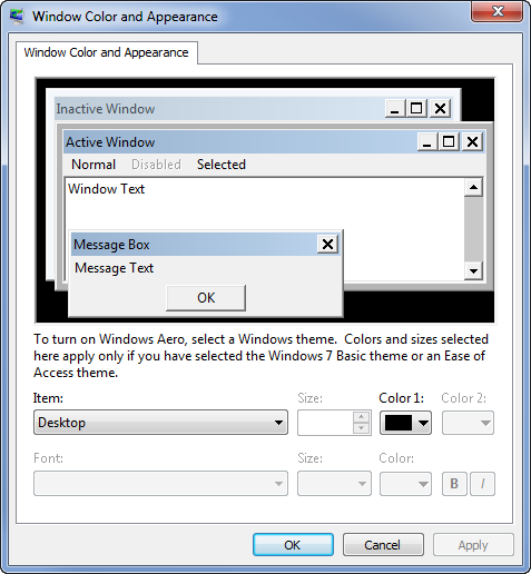 Windows Color and Appearance dialog in Windows 7